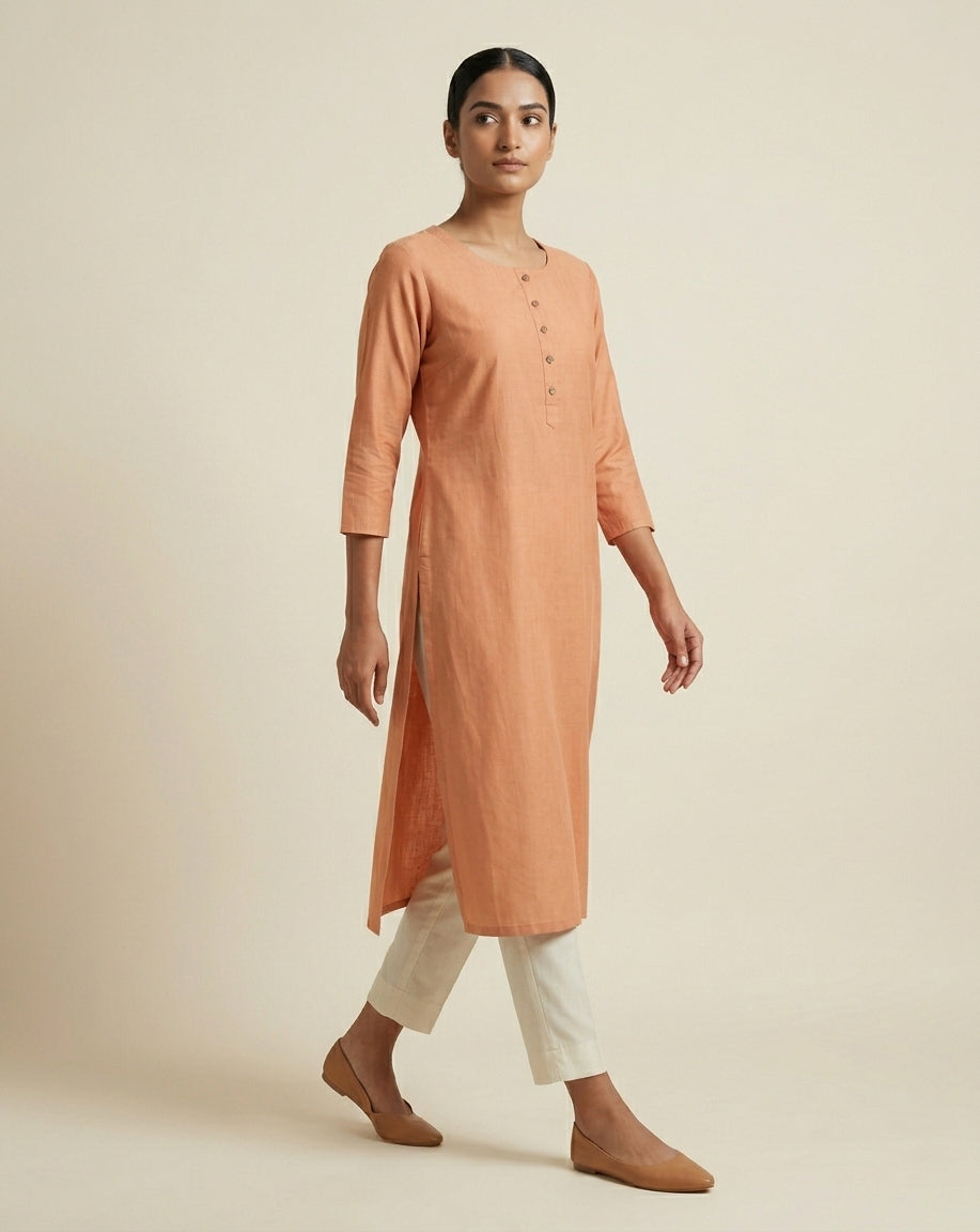Pastel Peach Solid Cotton Blend Straight Kurta