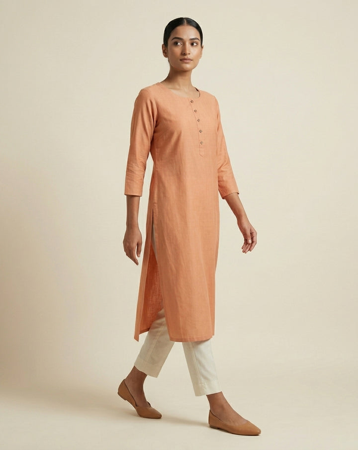 Pastel Peach Solid Cotton Blend Straight Kurta