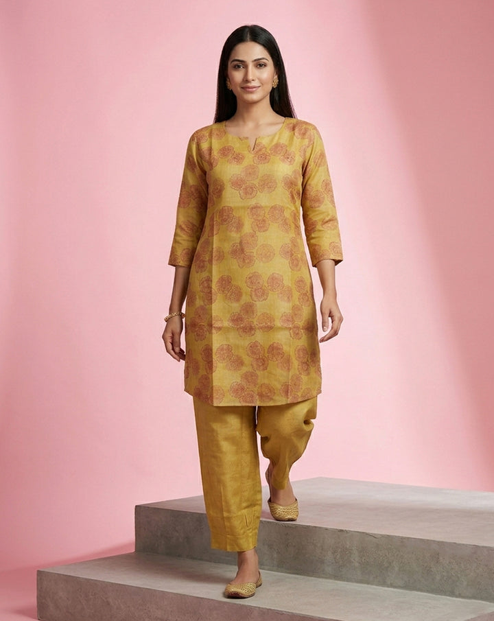 Mustard Floral Print Kurta Co-Ord Set