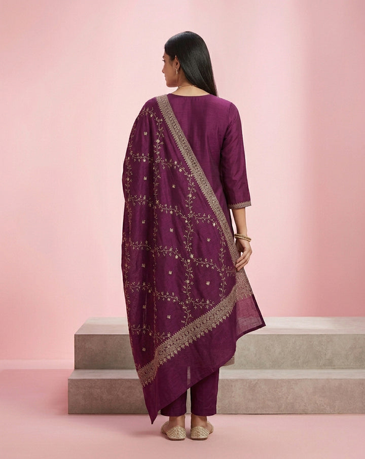 Purple Embroidered Straight Kurta Set