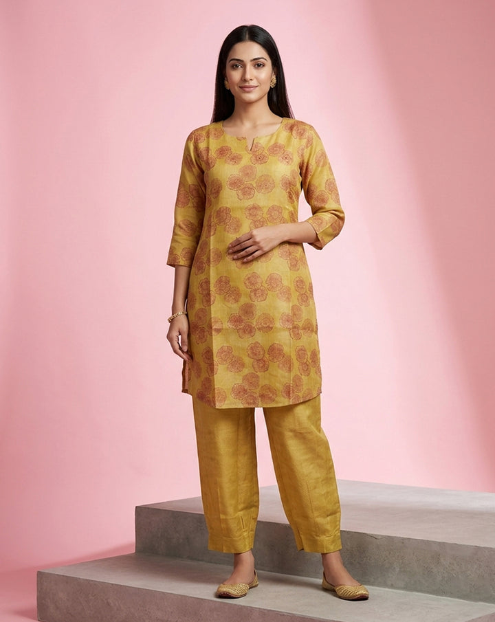 Mustard Floral Print Kurta Co-Ord Set