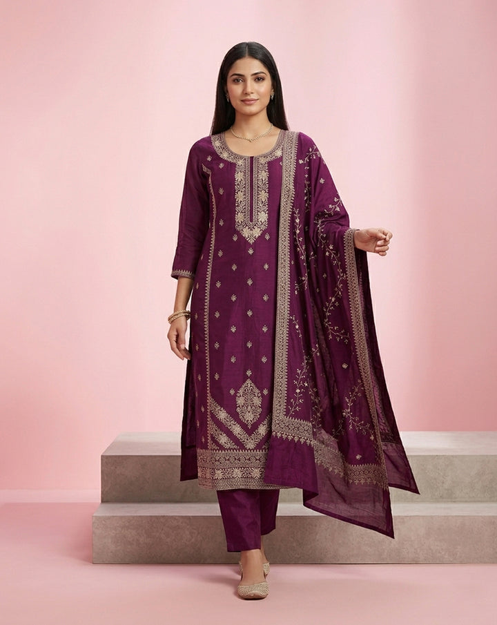 Purple Embroidered Straight Kurta Set