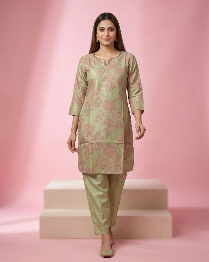 Pista Floral Print Kurta Co-Ord Set