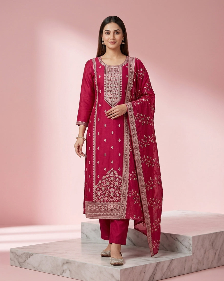 Rani Pink Embroidered Straight Kurta Set