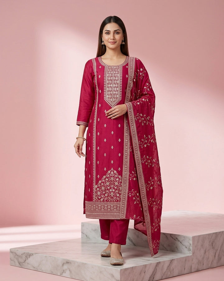 Rani Pink Embroidered Straight Kurta Set