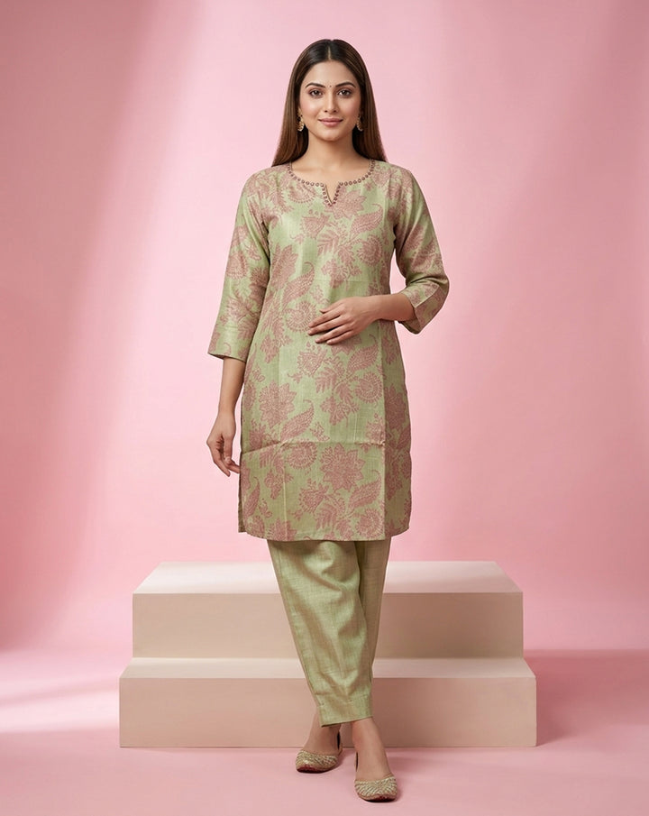 Pista Floral Print Kurta Co-Ord Set