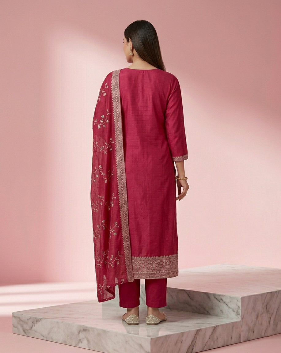 Rani Pink Embroidered Straight Kurta Set