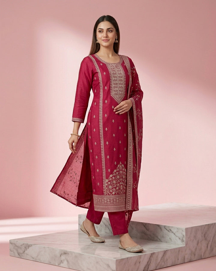 Rani Pink Embroidered Straight Kurta Set
