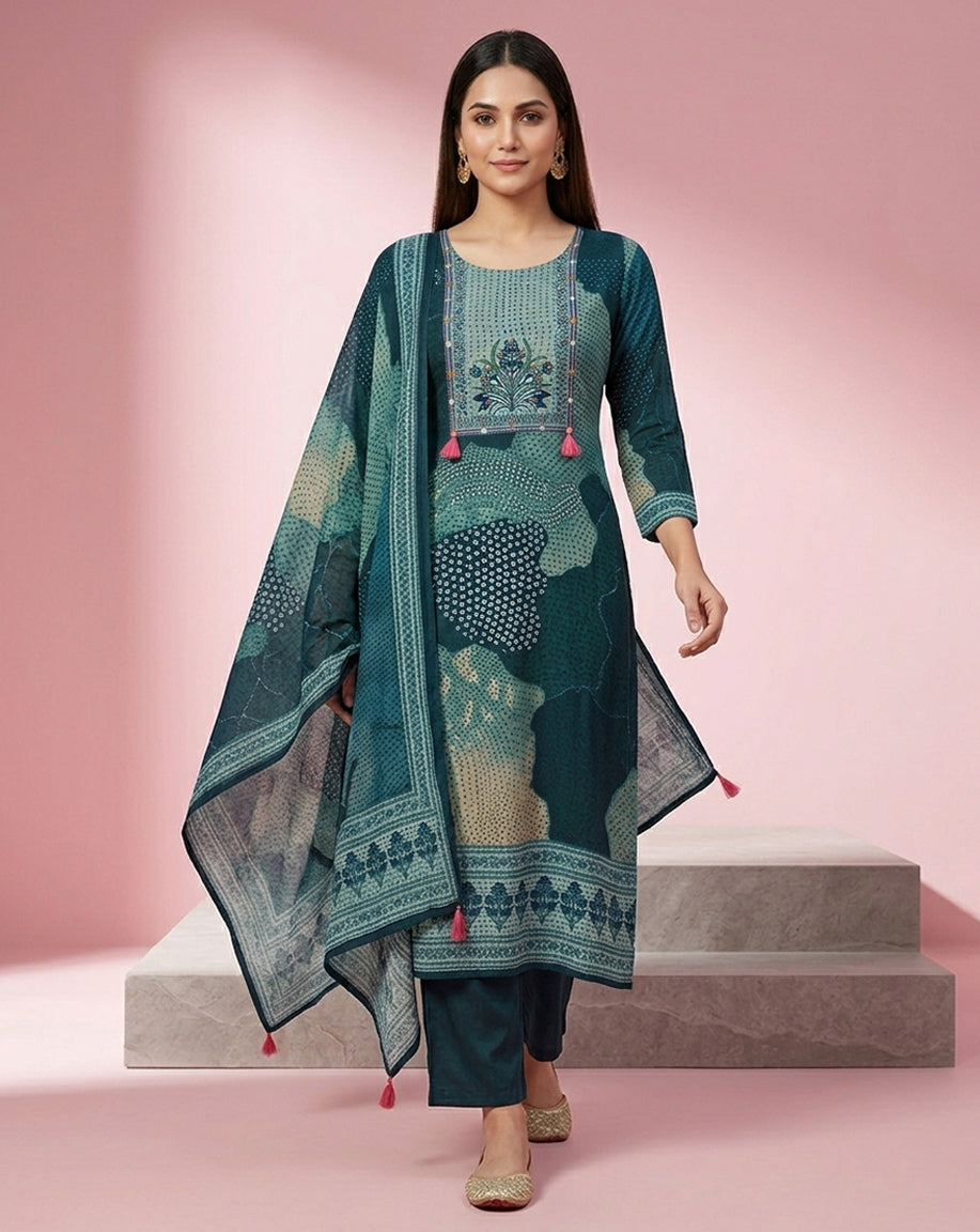 Teal Printed Straight Kurta Set
