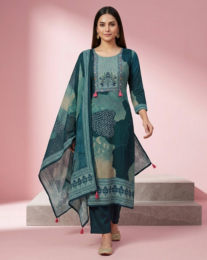 Teal Printed Straight Kurta Set