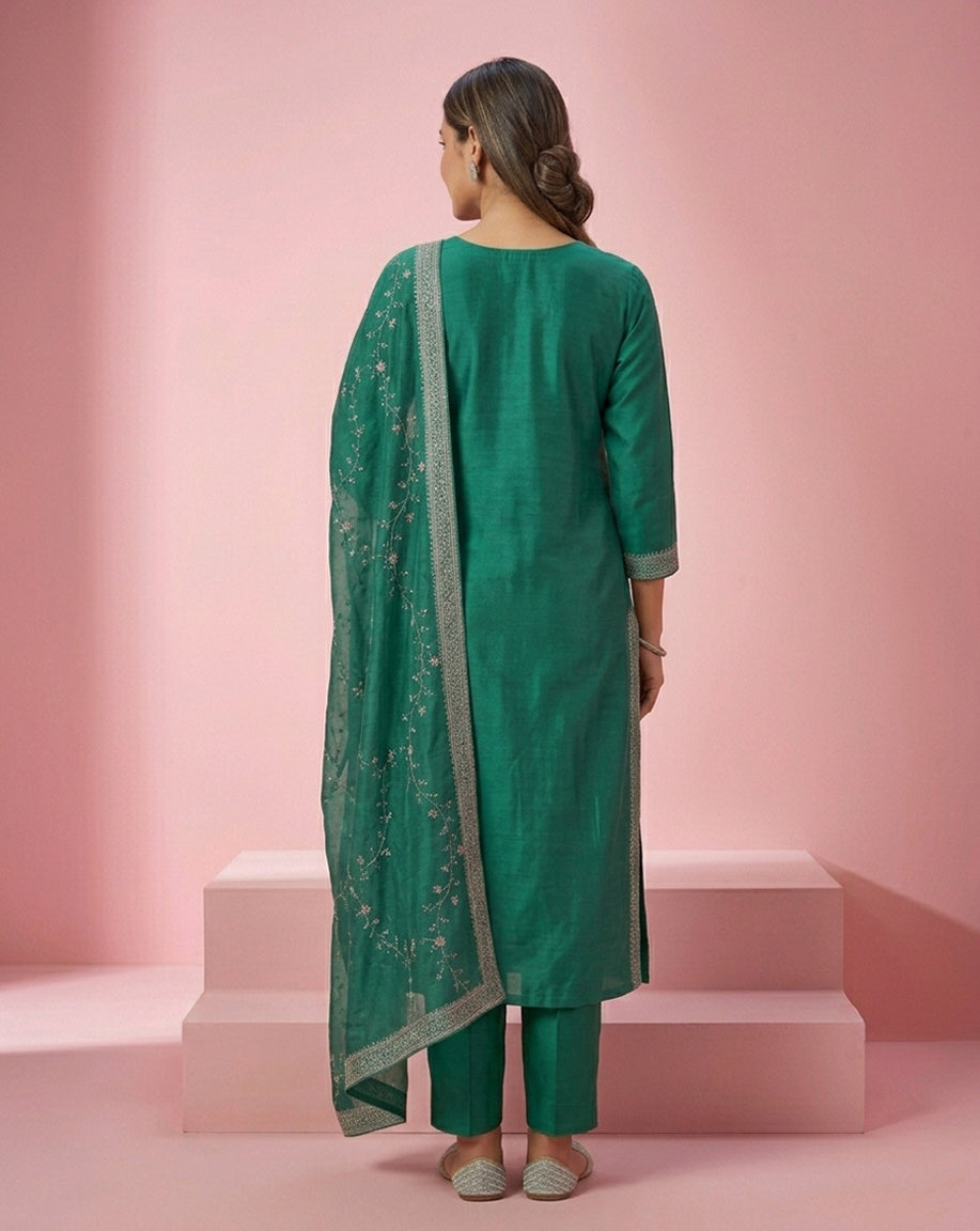 Teal Embroidered Straight Kurta Set