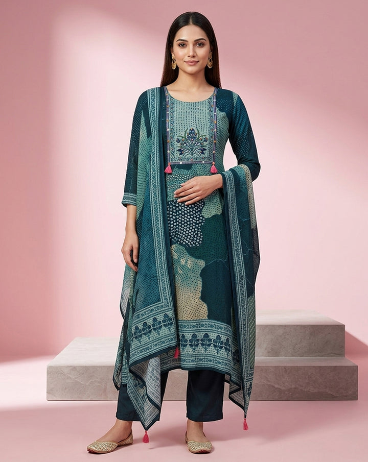 Teal Printed Straight Kurta Set
