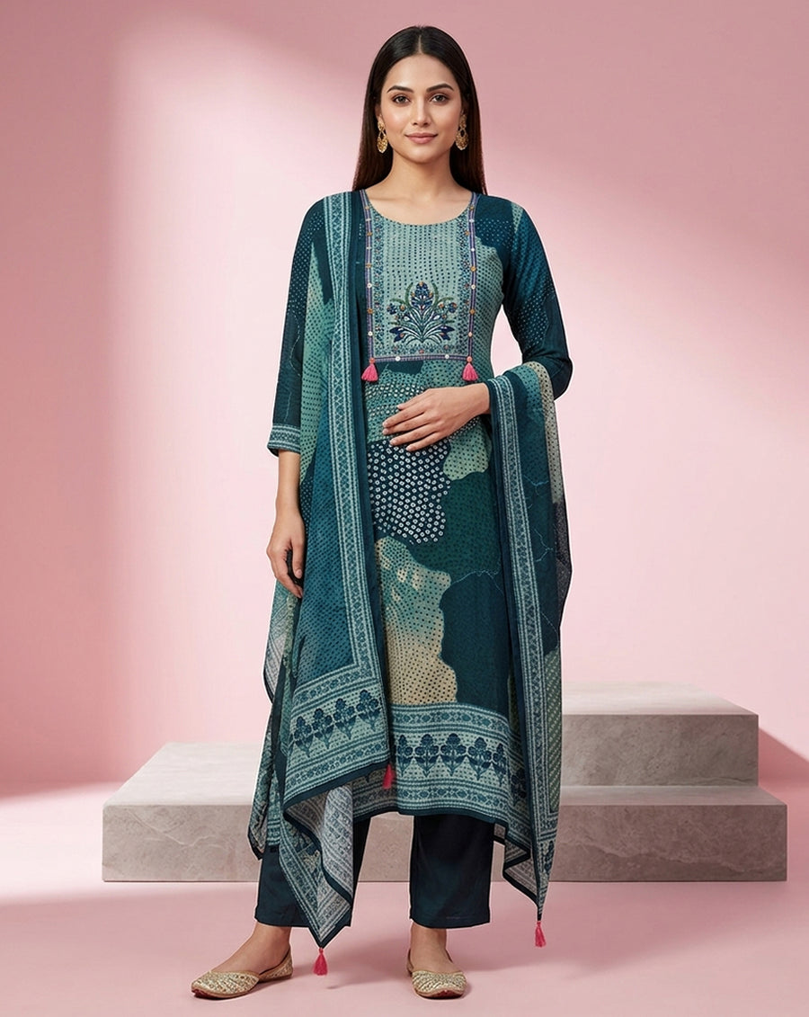 Teal Printed Straight Kurta Set