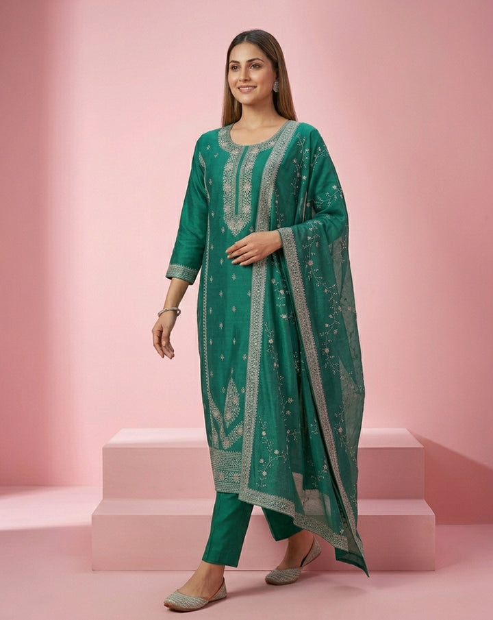 Teal Embroidered Straight Kurta Set
