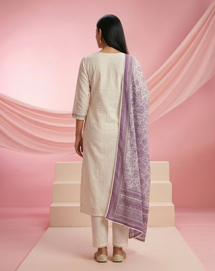 Off-White Printed Straight Kurta Set