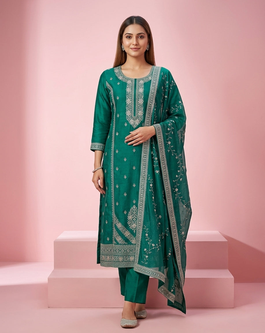 Teal Embroidered Straight Kurta Set