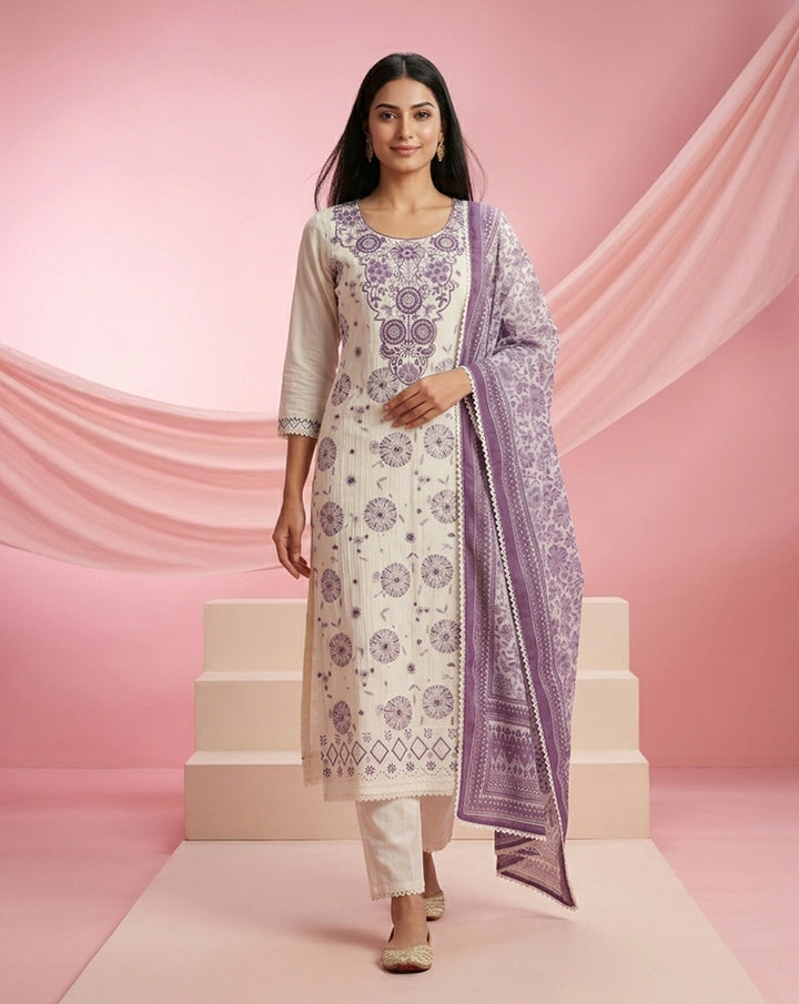 Off-White Printed Straight Kurta Set