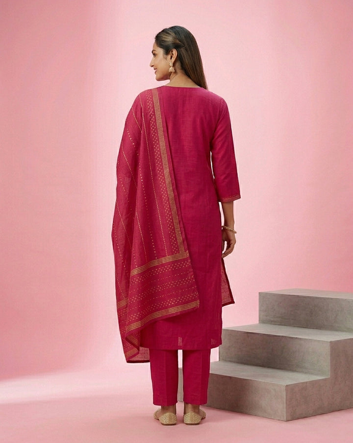 Hot Pink Mirror Work Straight Kurta Set