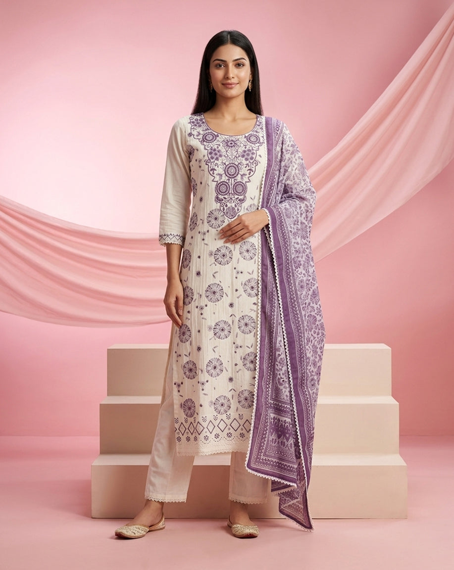 Off-White Printed Straight Kurta Set