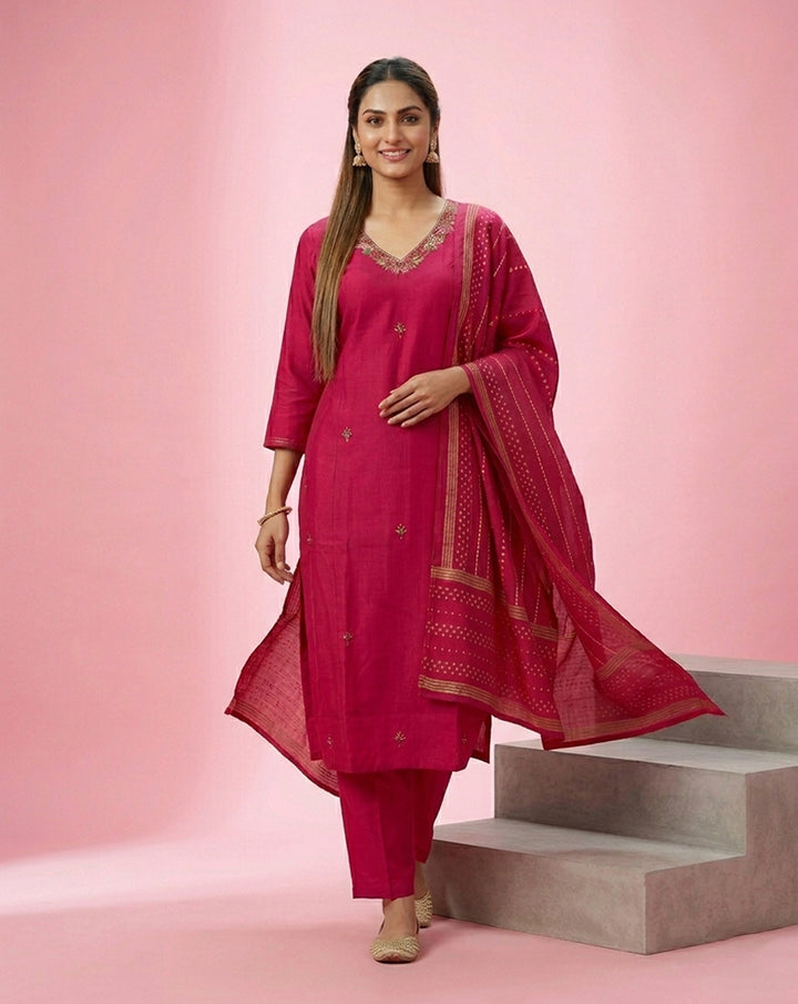 Hot Pink Mirror Work Straight Kurta Set