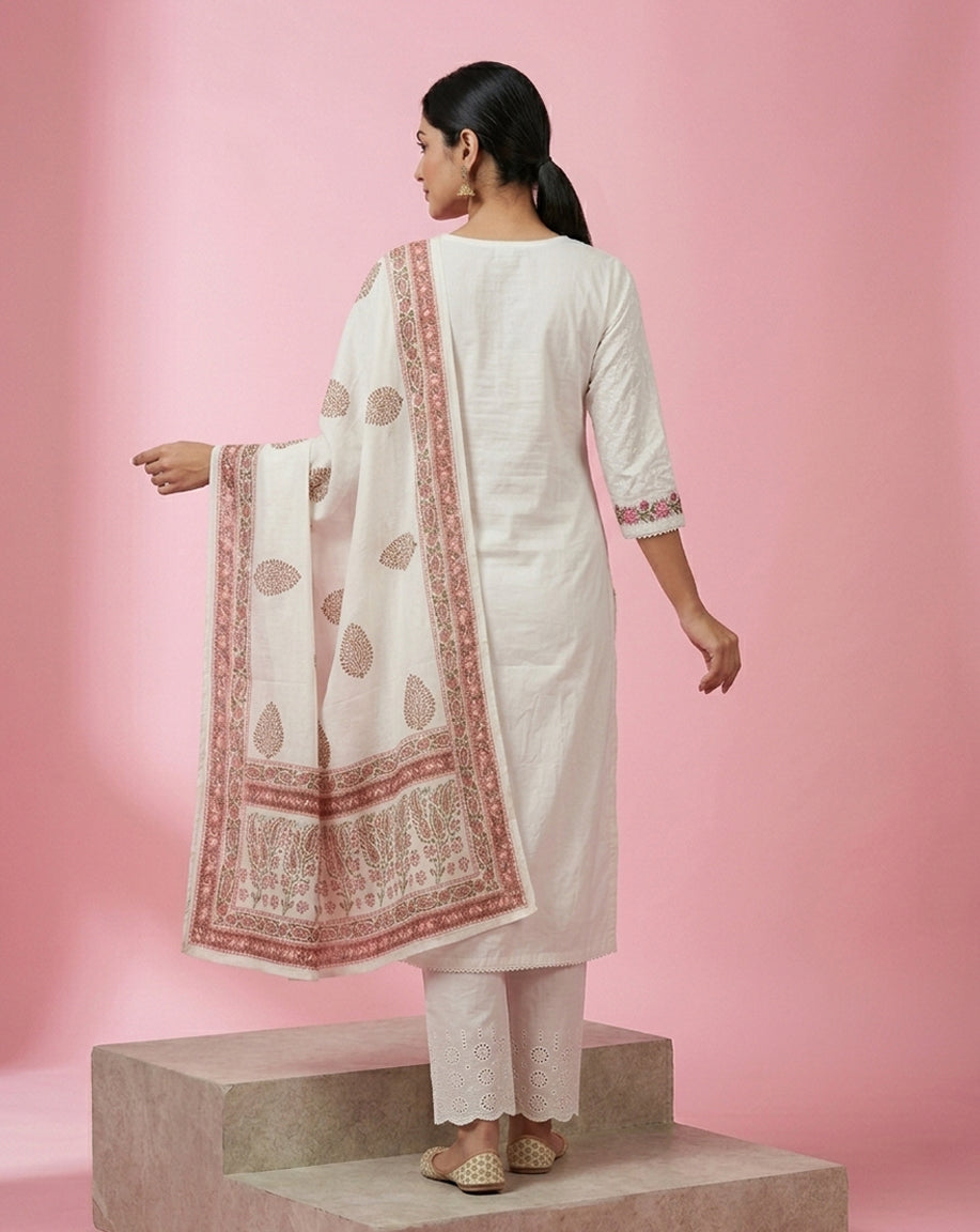 White Embroidered Straight Kurta Set