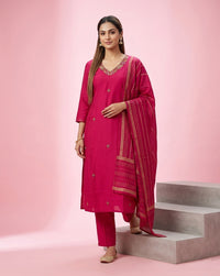 Hot Pink Mirror Work Straight Kurta Set 2