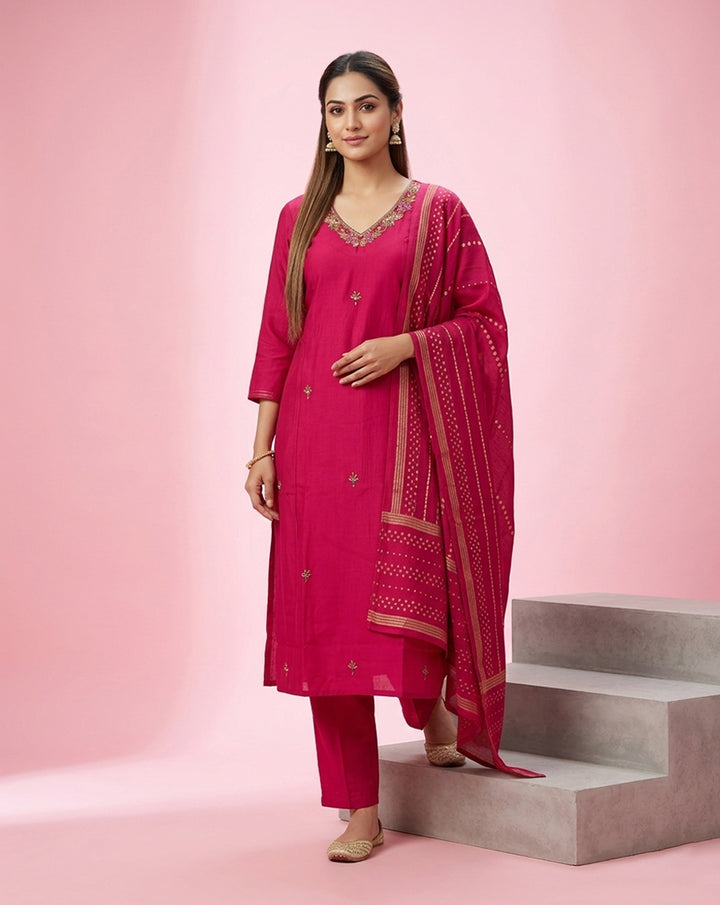 Hot Pink Mirror Work Straight Kurta Set