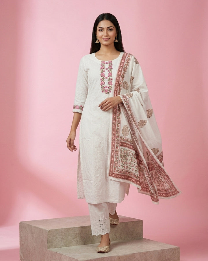 White Embroidered Straight Kurta Set