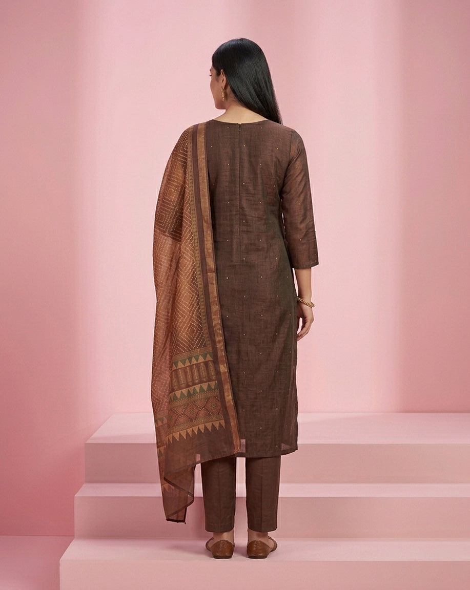 Brown Embroidered Straight Kurta Set