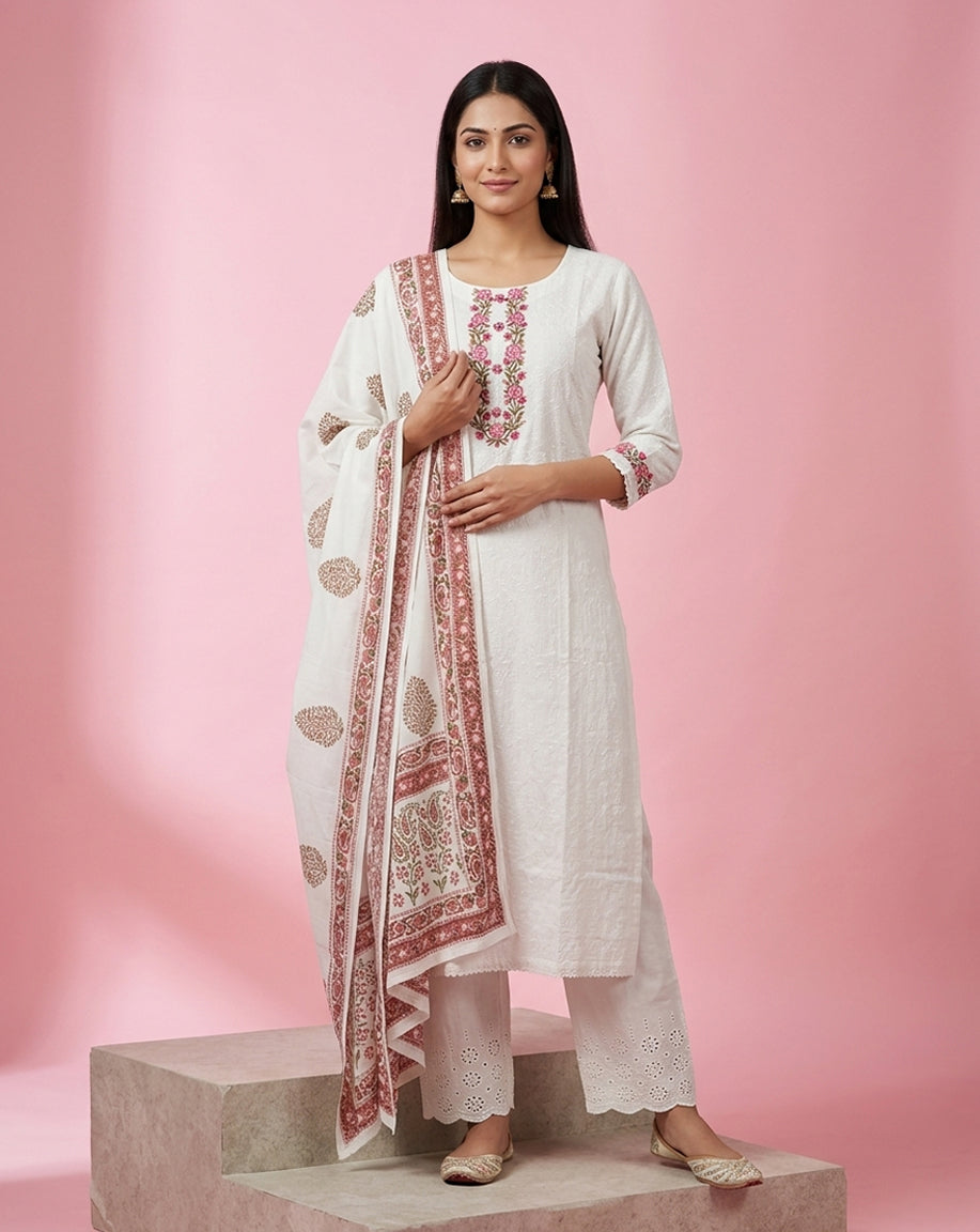 White Embroidered Straight Kurta Set