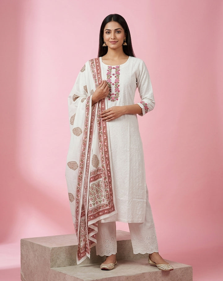 White Embroidered Straight Kurta Set
