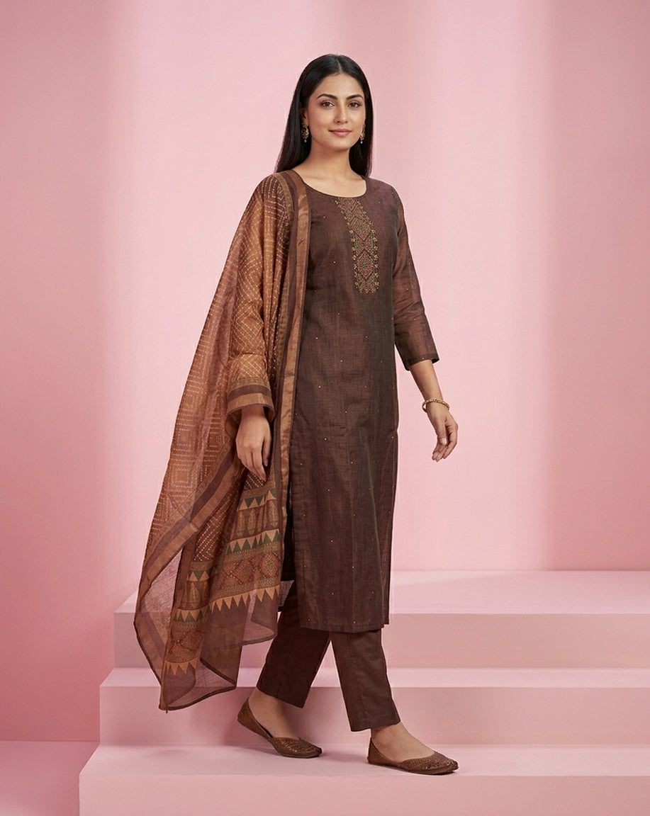 Brown Embroidered Straight Kurta Set