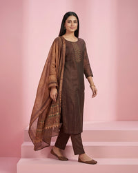 Brown Embroidered Straight Kurta Set 3