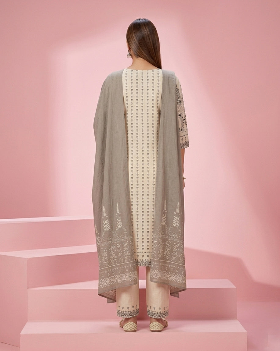 Off-White Grey Block Print Straight Kurta Set