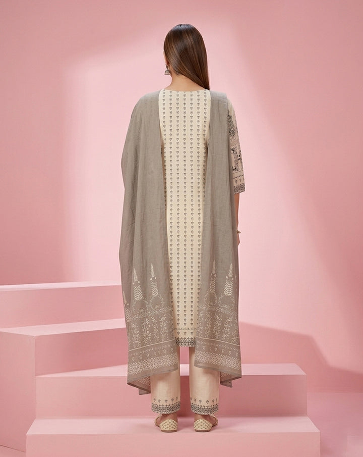 Off-White Grey Block Print Straight Kurta Set