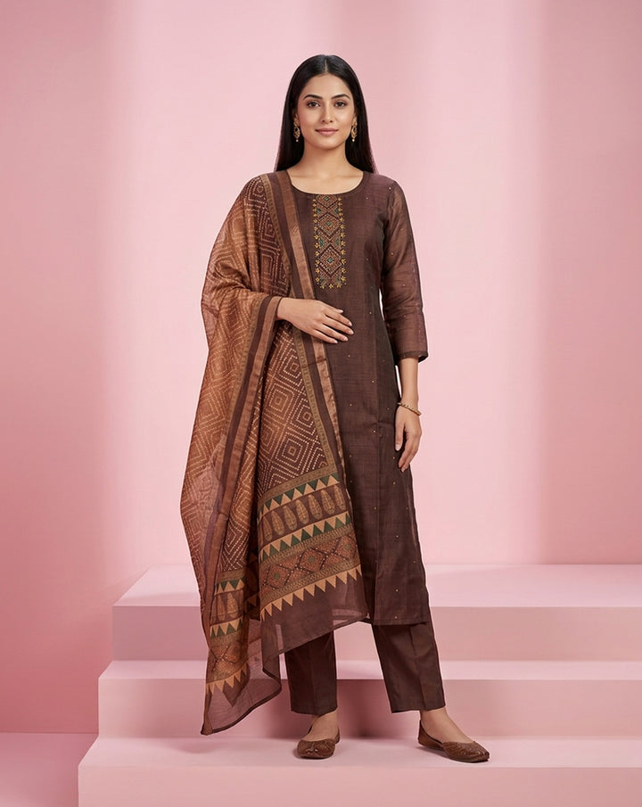 Brown Embroidered Straight Kurta Set