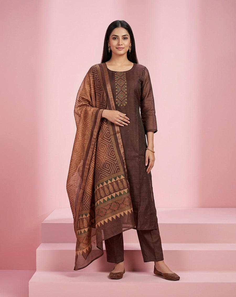 Brown Embroidered Straight Kurta Set