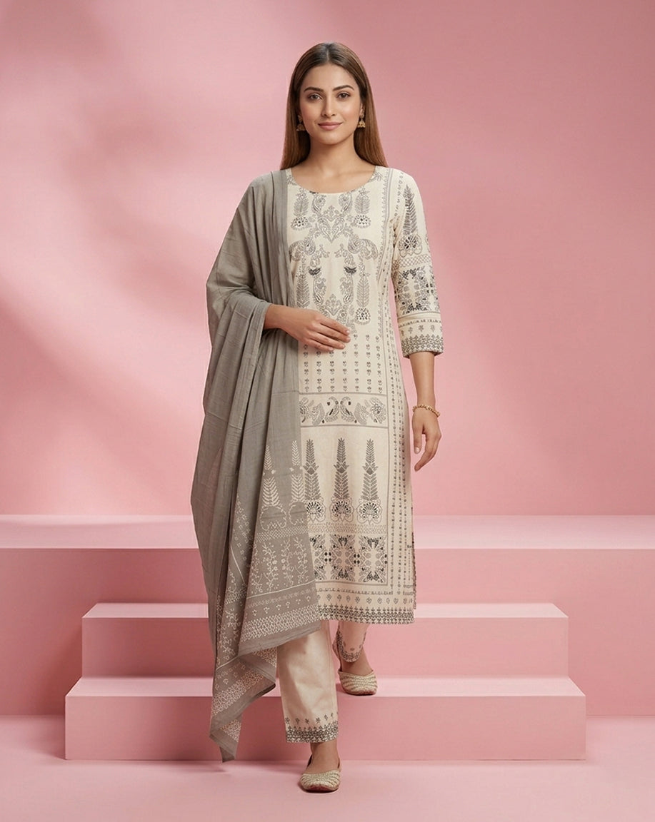 Off-White Grey Block Print Straight Kurta Set