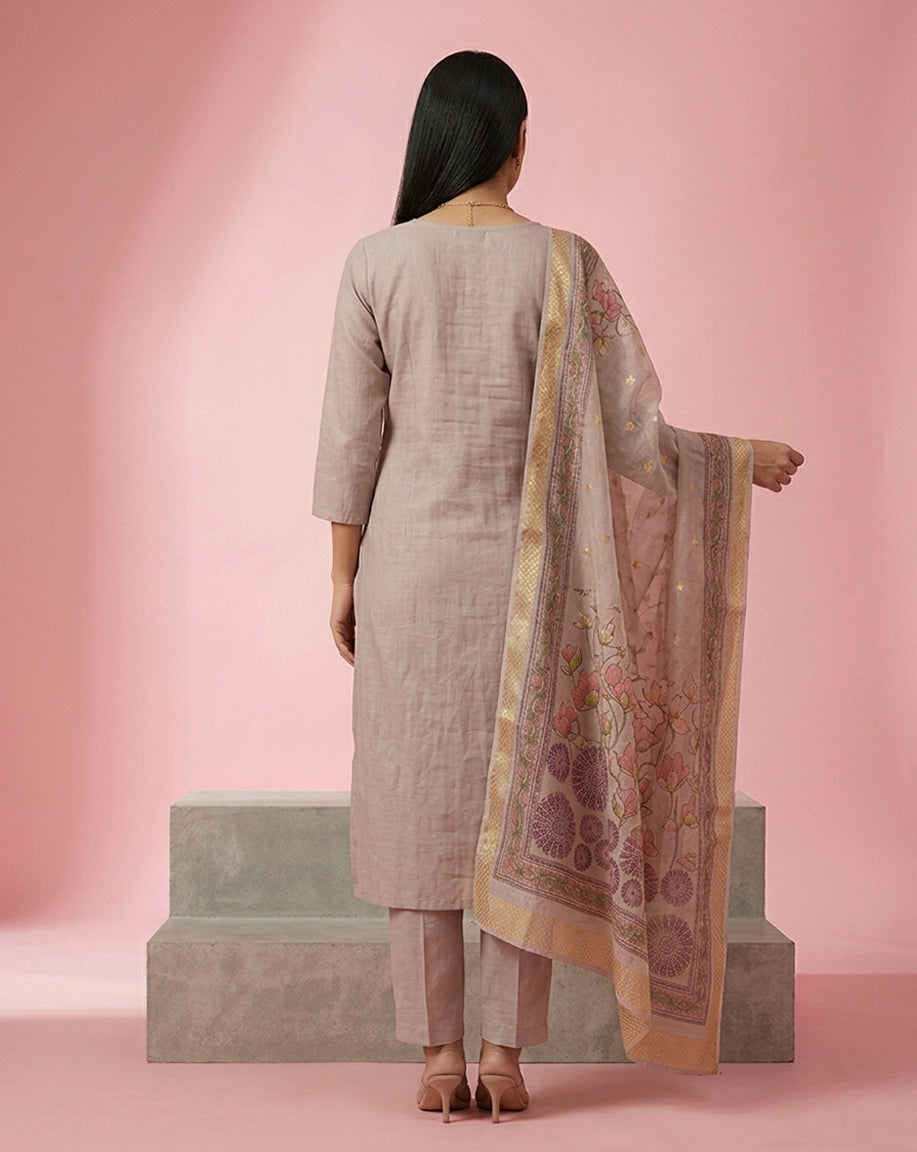 Beige Embroidered Yoke Straight Kurta Set