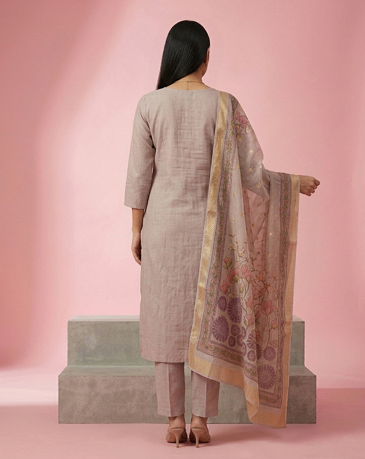 Beige Embroidered Yoke Straight Kurta Set