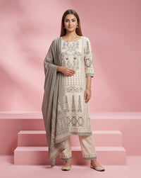 Off-White Grey Block Print Straight Kurta Set 1