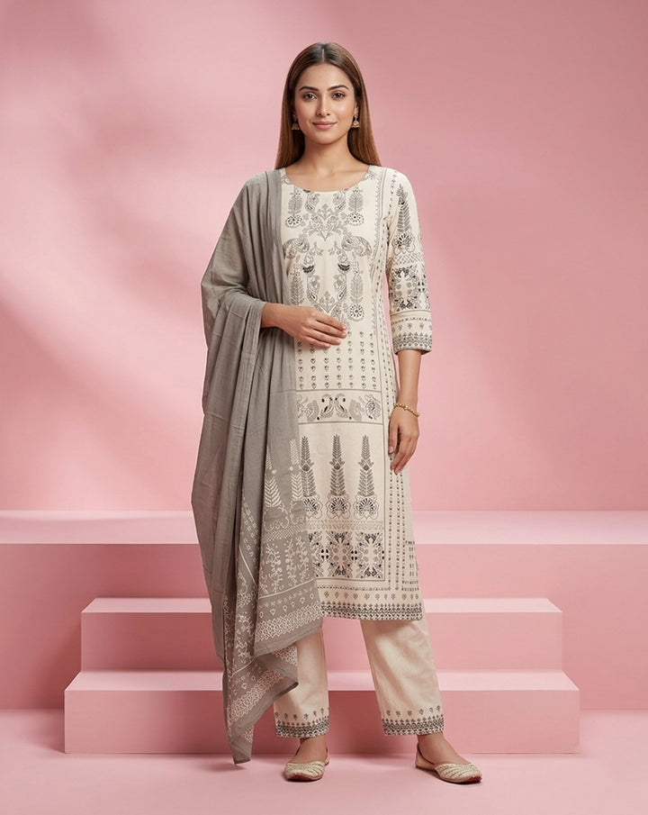 Off-White Grey Block Print Straight Kurta Set