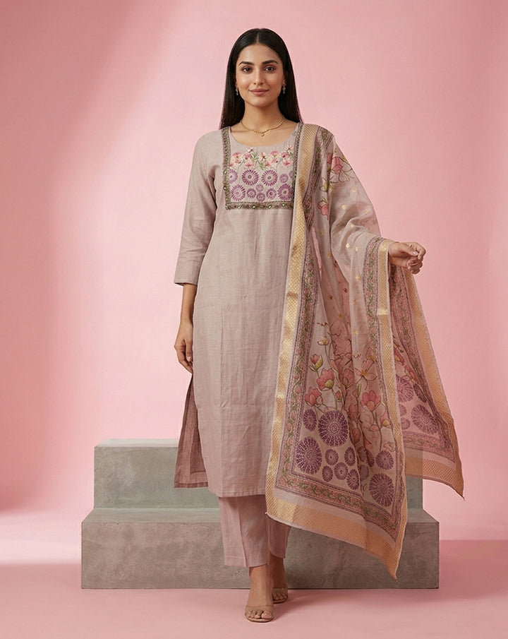Beige Embroidered Yoke Straight Kurta Set