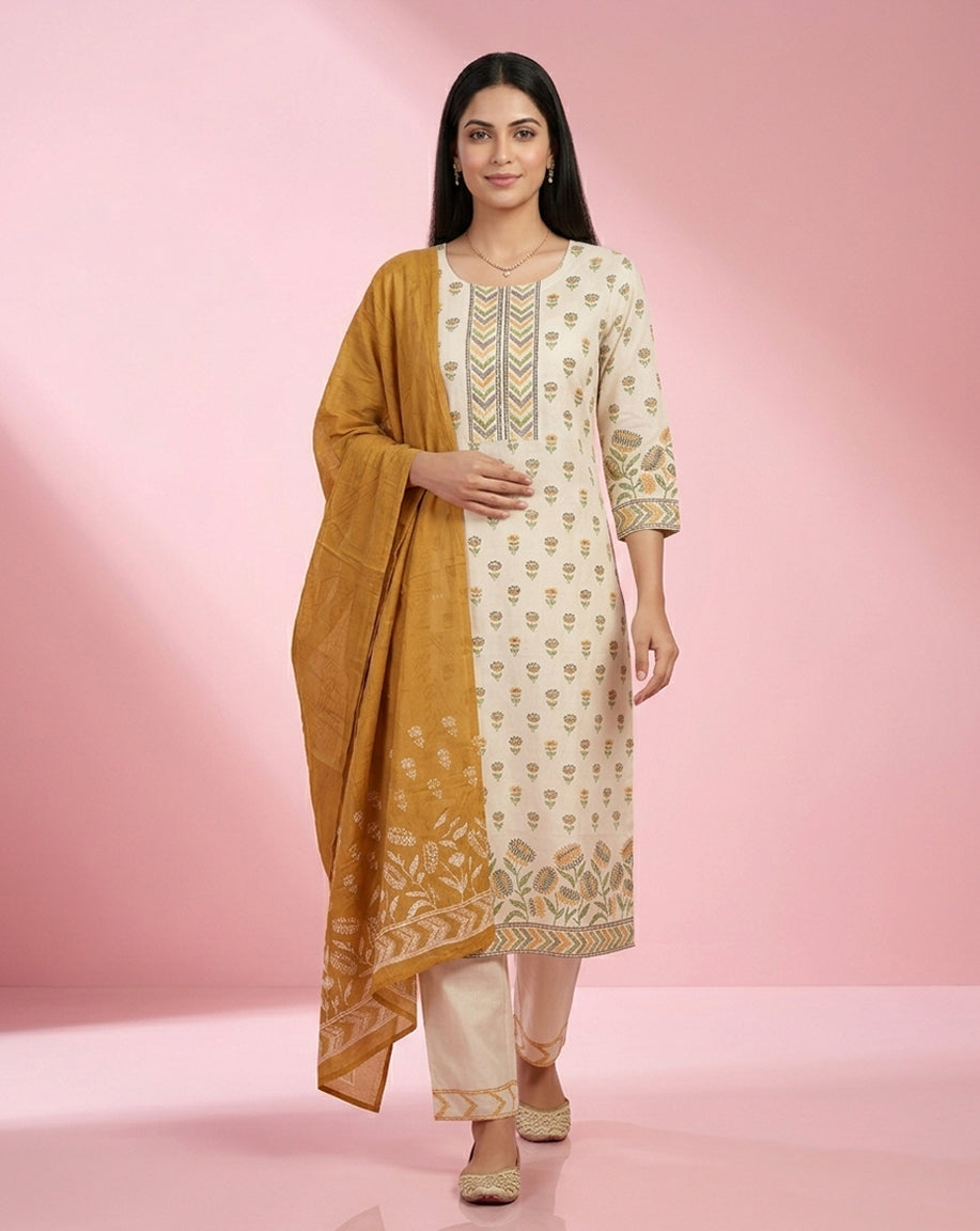 Off-White Mustard Floral Buti Print Straight Kurta Set