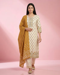Off-White Mustard Floral Buti Print Straight Kurta Set 3