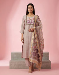 Beige Embroidered Yoke Straight Kurta Set 2