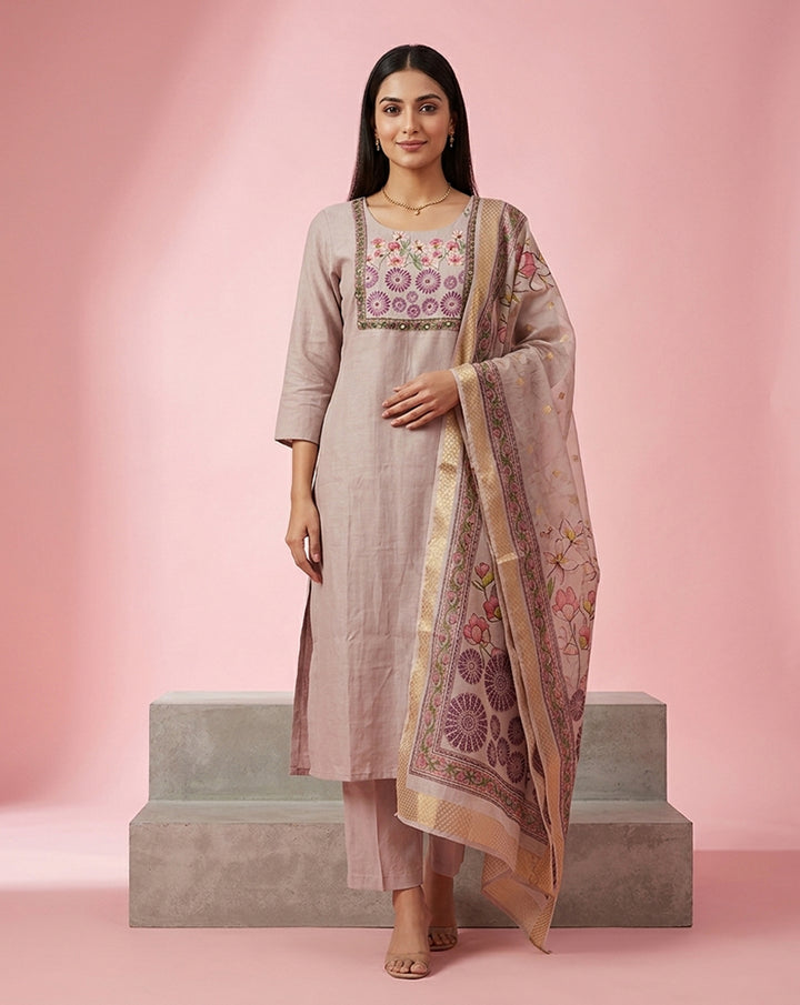 Beige Embroidered Yoke Straight Kurta Set
