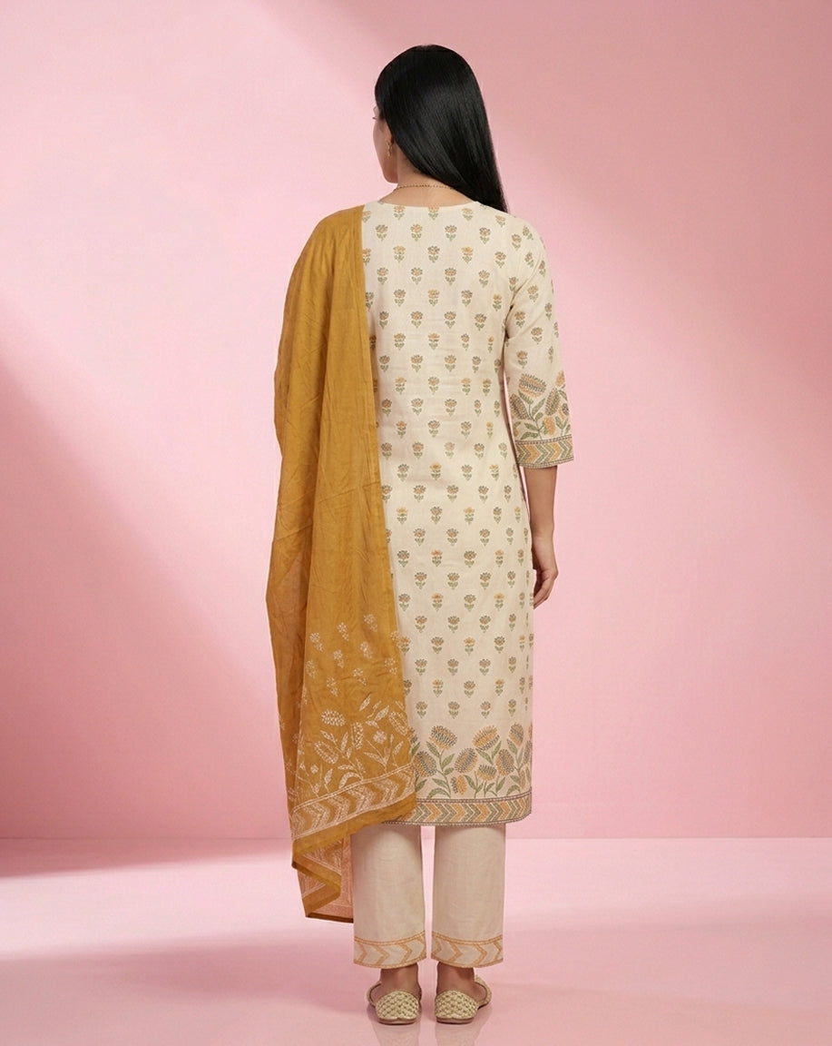 Off-White Mustard Floral Buti Print Straight Kurta Set