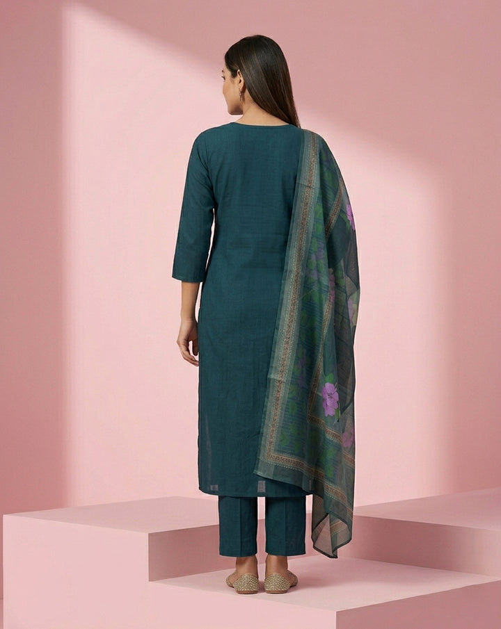 Teal Embroidered A-Line Kurta Set