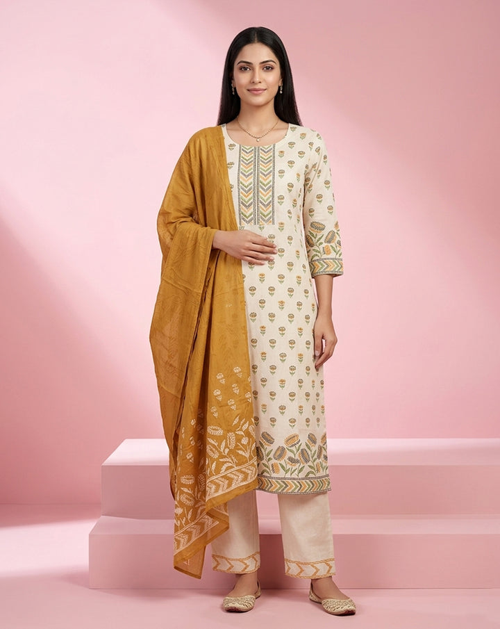 Off-White Mustard Floral Buti Print Straight Kurta Set